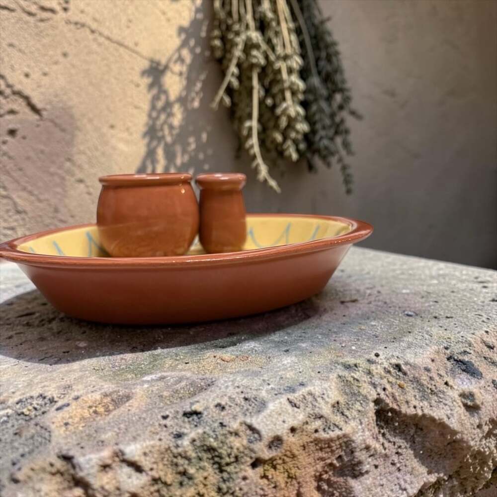 Vintage Hand Painted Terracotta Plate Set with Two Small Jars Made in Spain